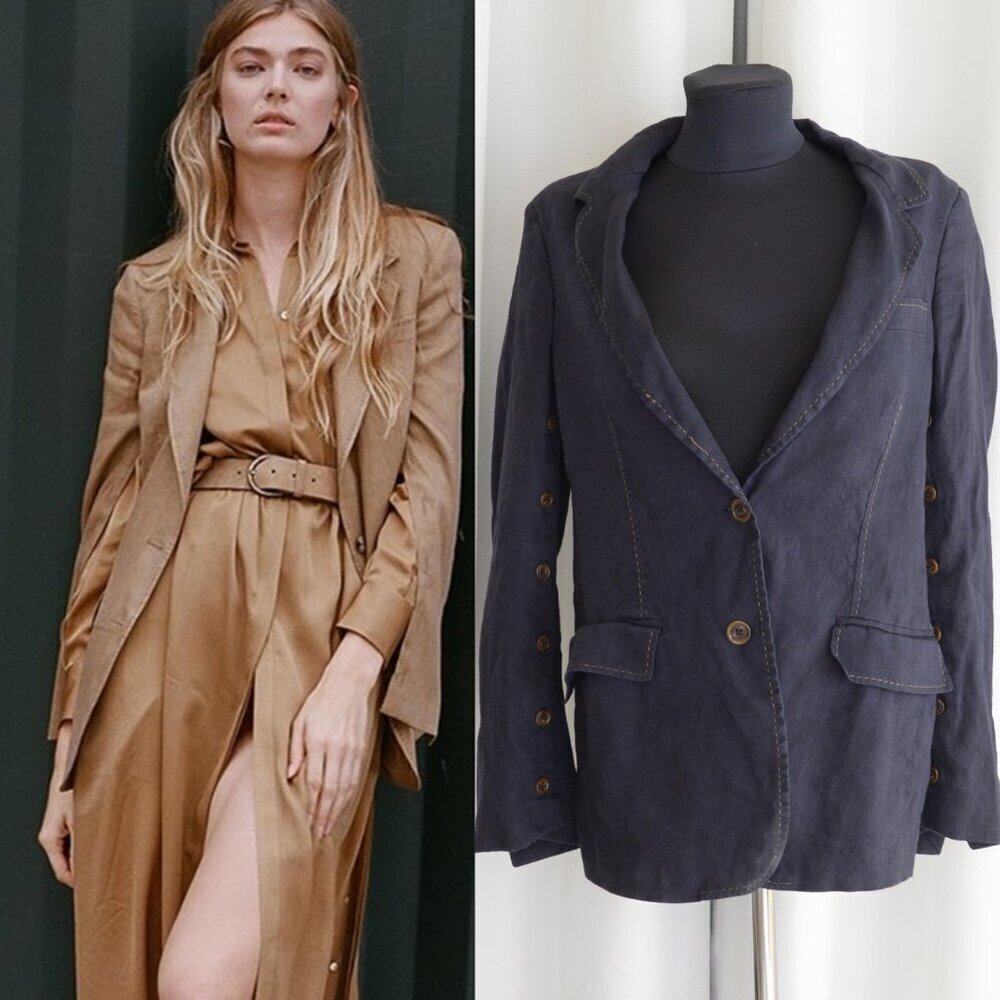 ARJE Nora Linen Blazer Navy Button Sleeves Sz XS